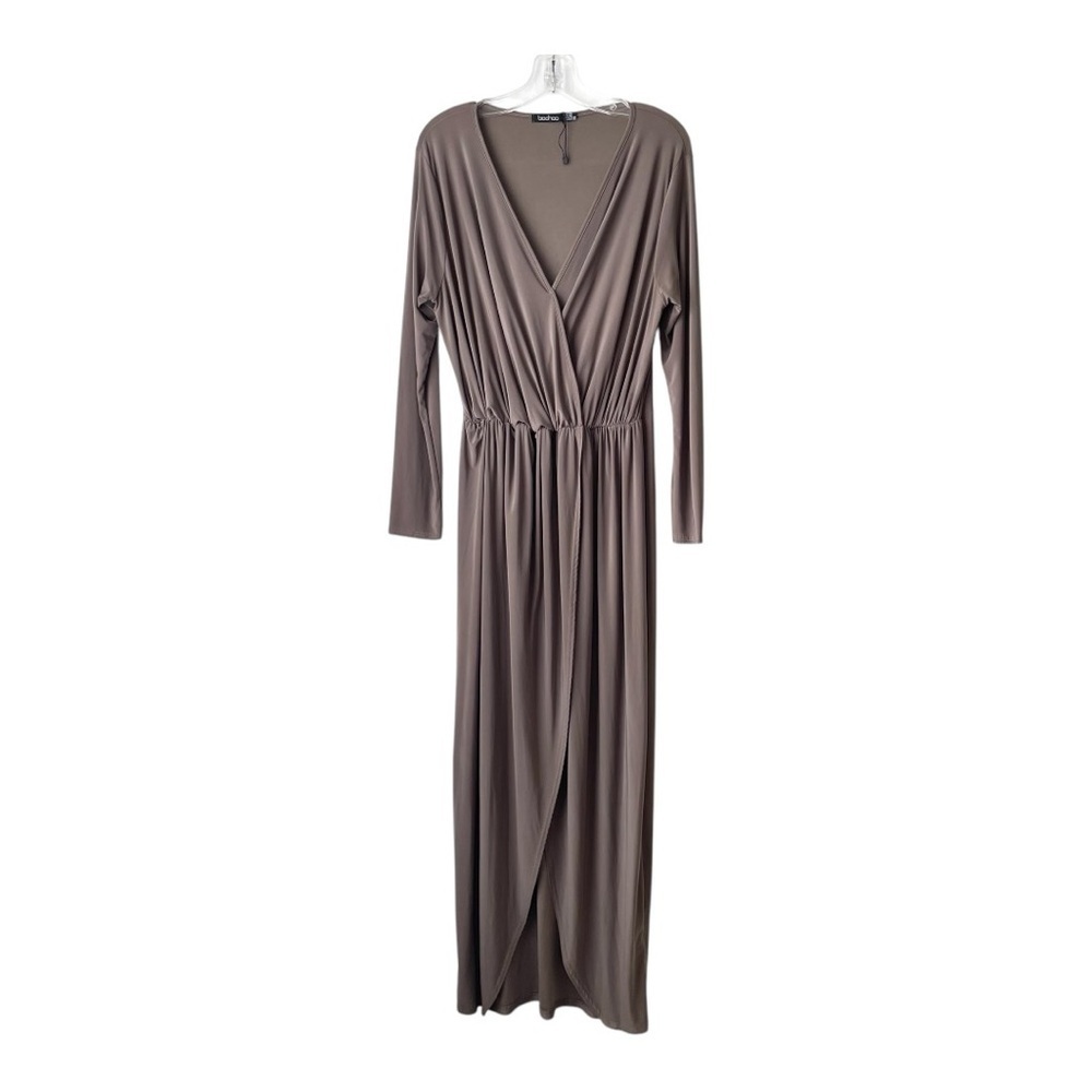 Boohoo Cocoa Brown / Taupe / Beige Long Sleeved Maxi Dress V-Neck Size 16